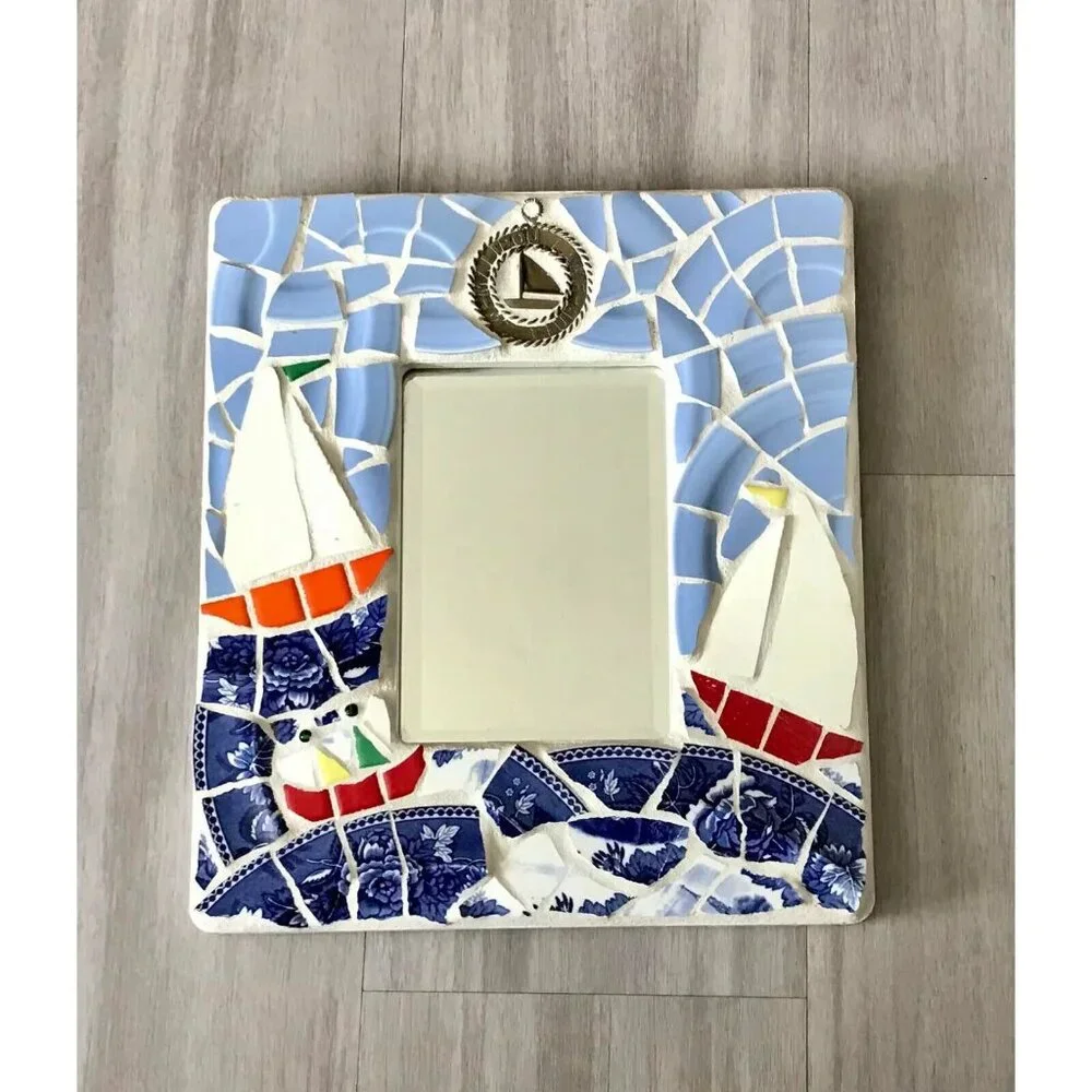 Hand made small nautical mosaic wall mirror - artist signed